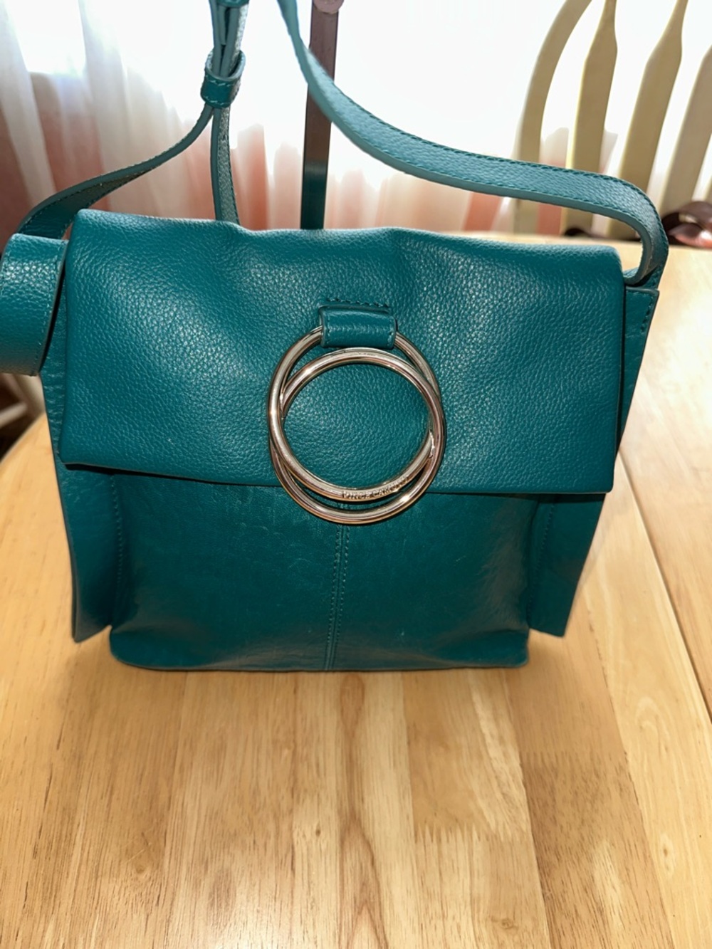 Vince Camuto Teal Leather Shoulder Bag with Silver Ring Detail